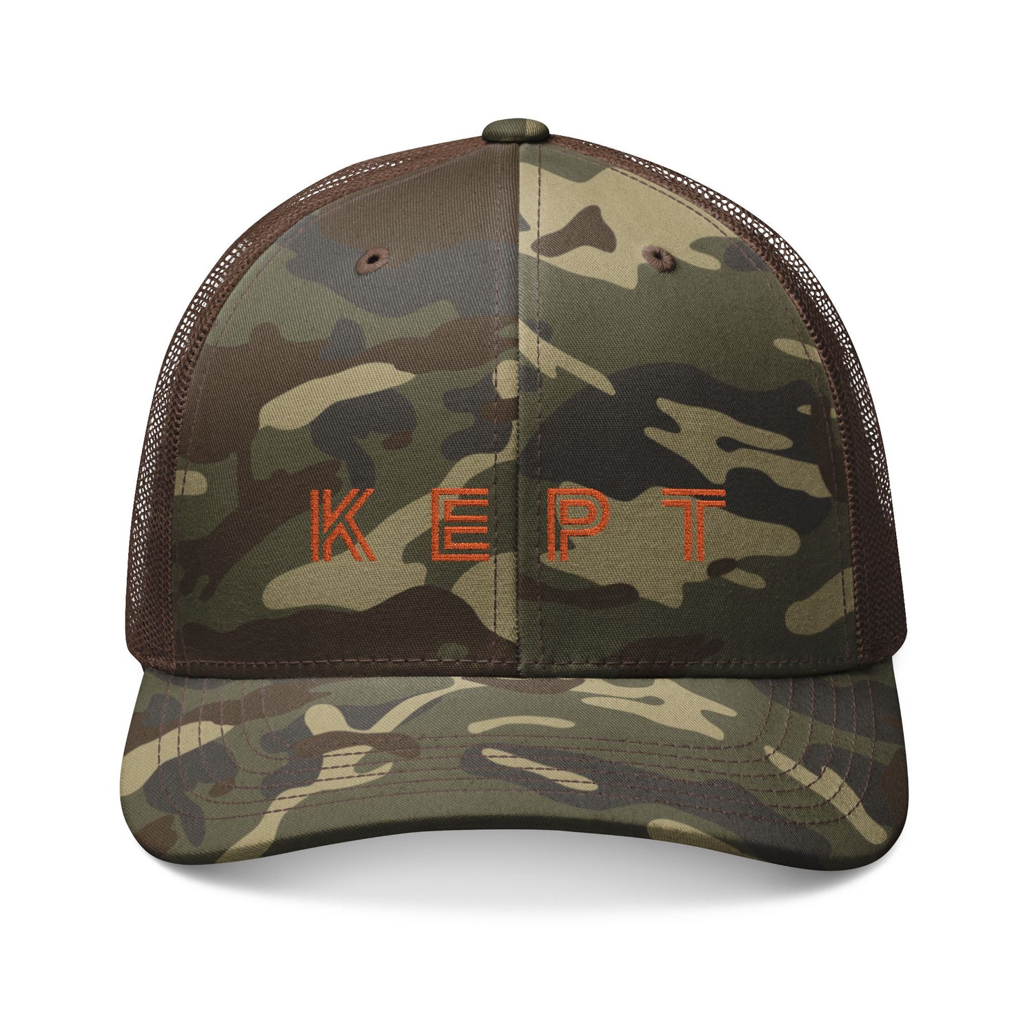 Camouflage Trucker Hat — Embroidered 'KEPT' Psalm 121:7 Camo Mesh Cap - Bri Mone't Apparel