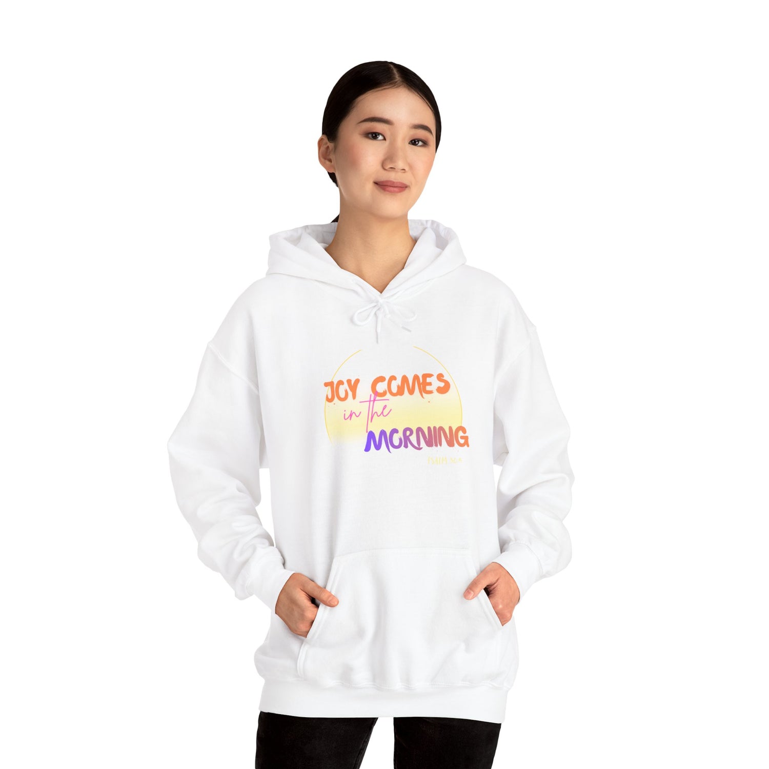 Joy Comes in the Morning Hoodie — Sunrise Psalm 30:5 Inspirational Sweatshirt - Bri Mone&