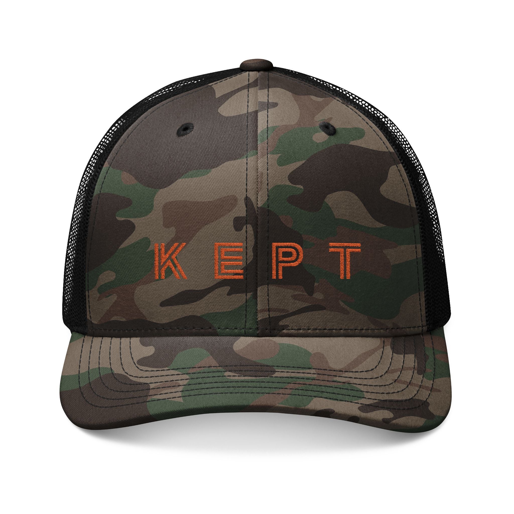 Camouflage Trucker Hat — Embroidered 'KEPT' Psalm 121:7 Camo Mesh Cap - Bri Mone't Apparel