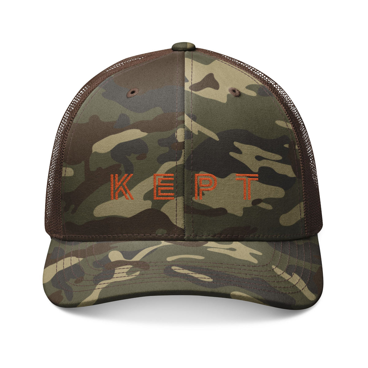Camouflage Trucker Hat — Embroidered 'KEPT' Psalm 121:7 Camo Mesh Cap - Bri Mone't Apparel
