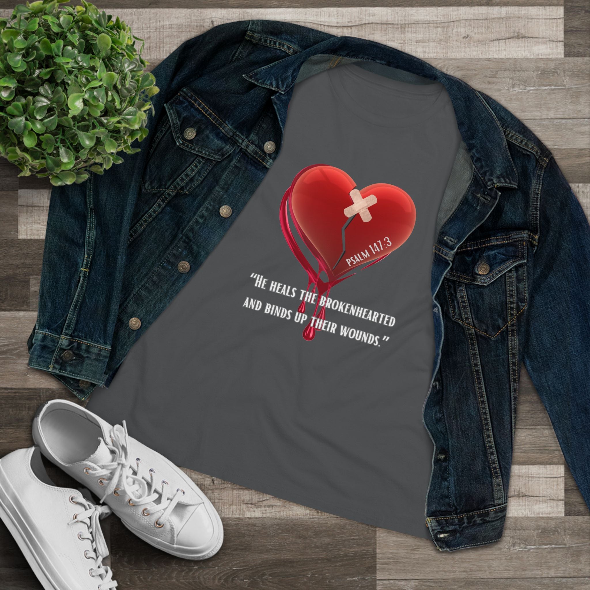 Women's Christian Heart Tee – "He Heals the Brokenhearted" Inspirational Faith Shirt