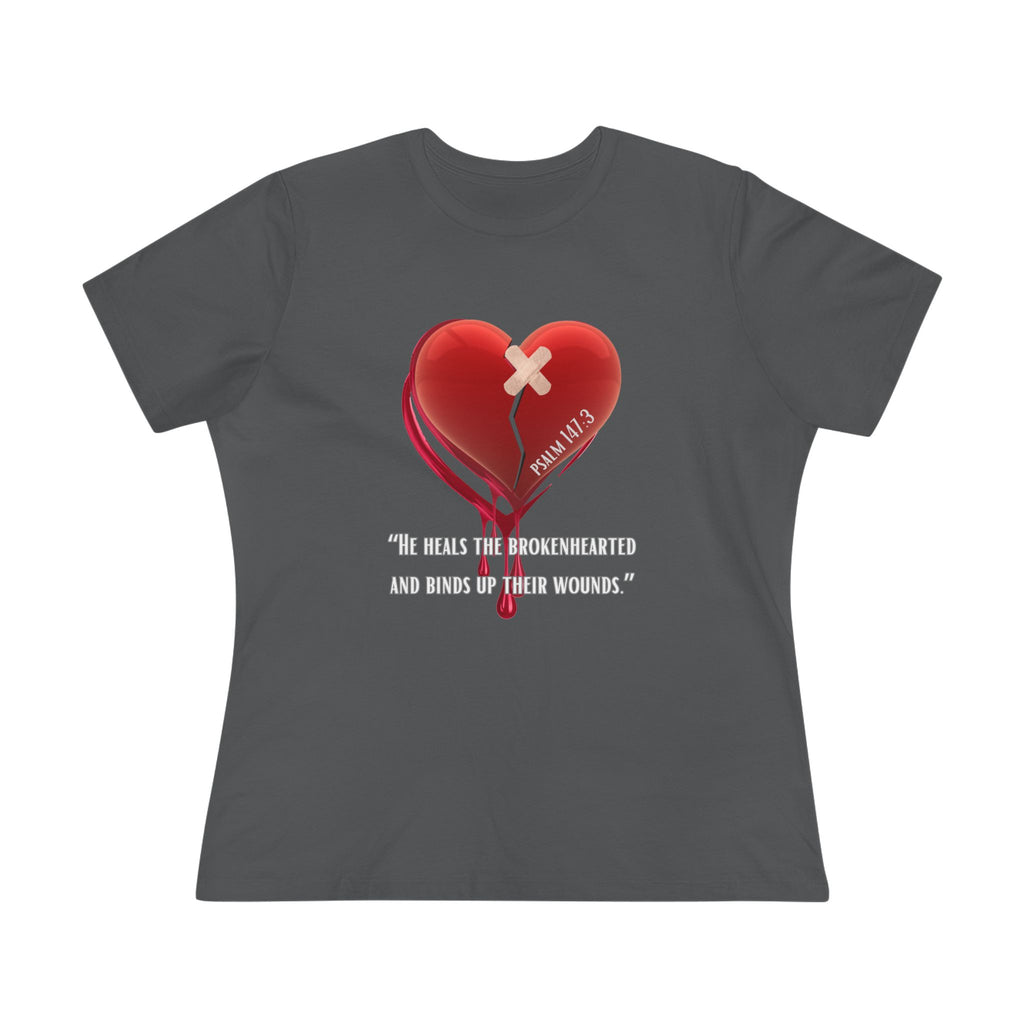 Women's Christian Heart Tee – "He Heals the Brokenhearted" Inspirational Faith Shirt